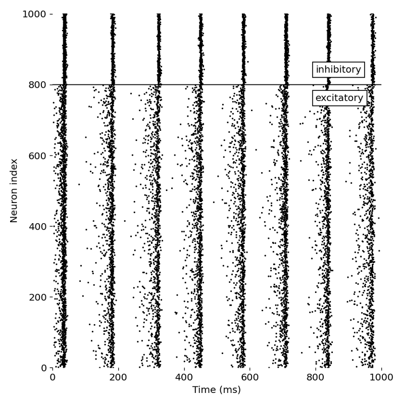 Spike events of each neuron in the network as a function of time in response to different neuron types combinations: RS and CH with synaptic connectivity S5.